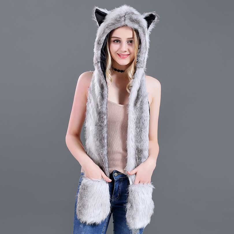 Faux Fur Straw Cartoon Animal Hat Scarf Gloves One - Bellarte Enchanté Faux Fur Straw Cartoon Animal Hat Scarf Gloves One